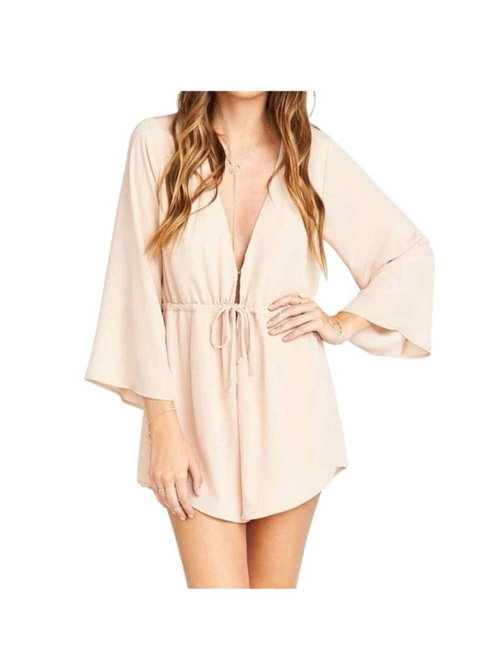 Show Me Your MuMu Cream Tie-Waist V-Neck Romper